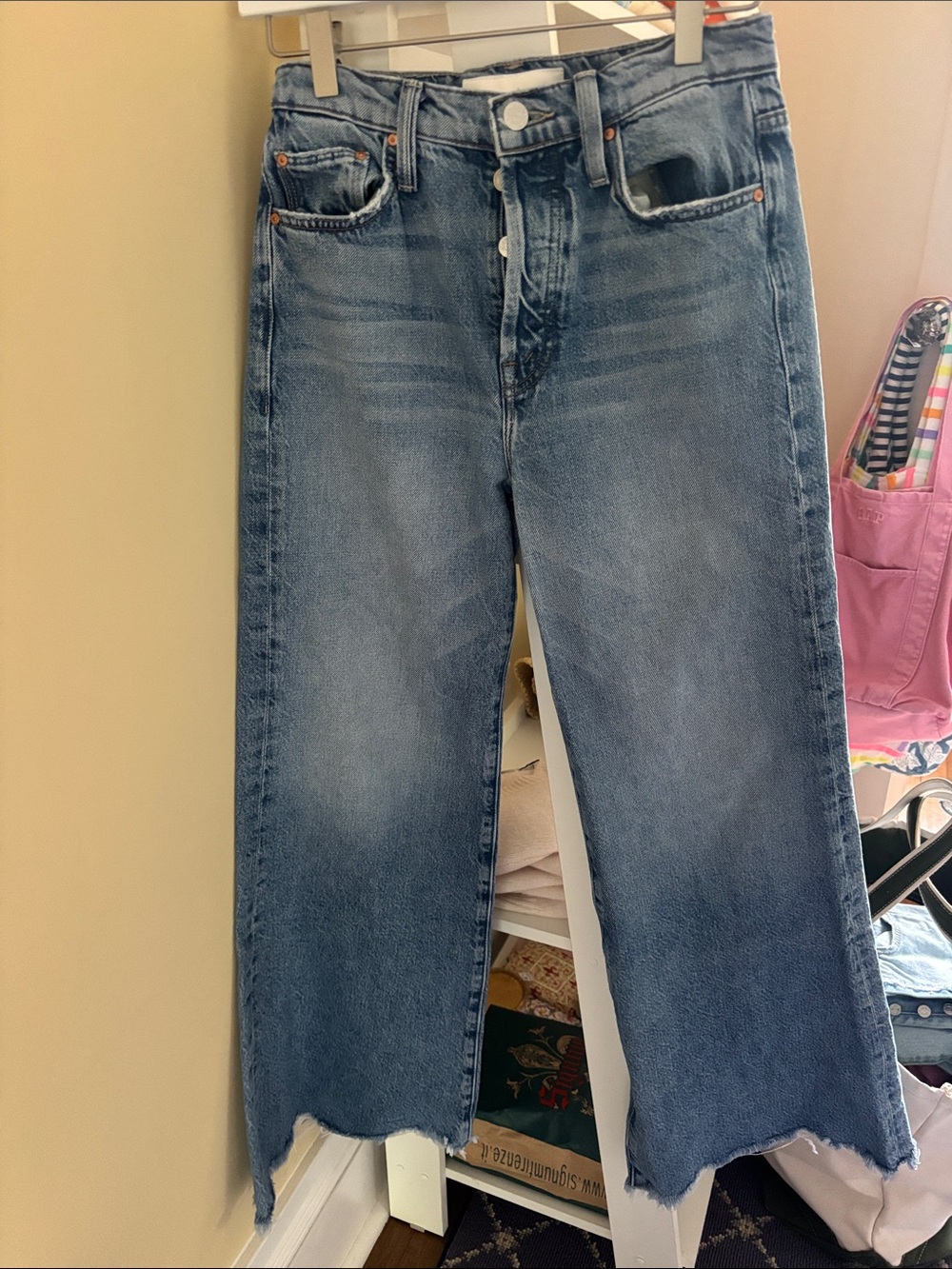 MOTHER The Tomcat Roller Chew. Women's Wide Leg Flare Jeans in Medium Blue Wash